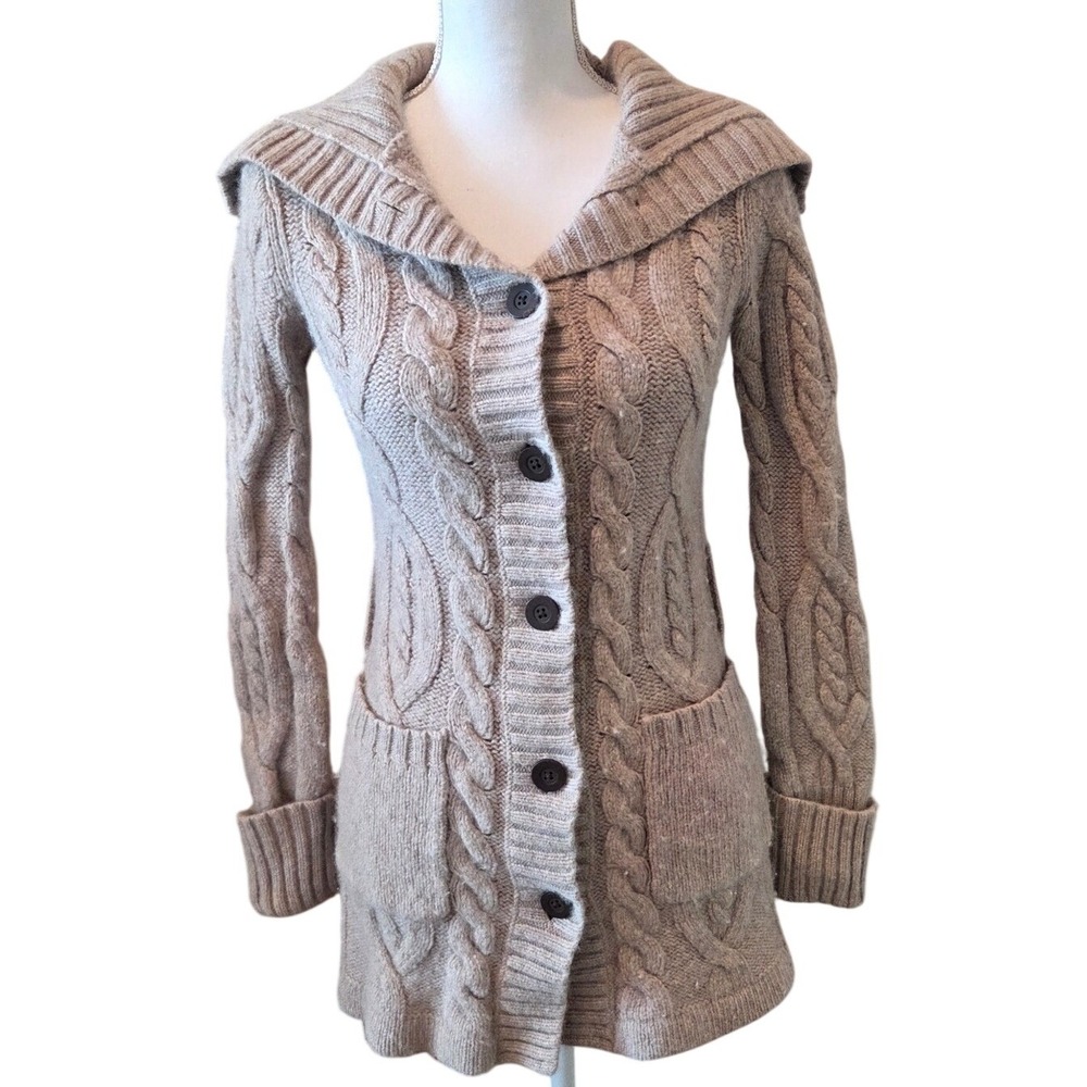 Banana Republic Beige Cable Knit Lambswool Angora Cardigan Sweater Belted Medium - Picture 3 of 16